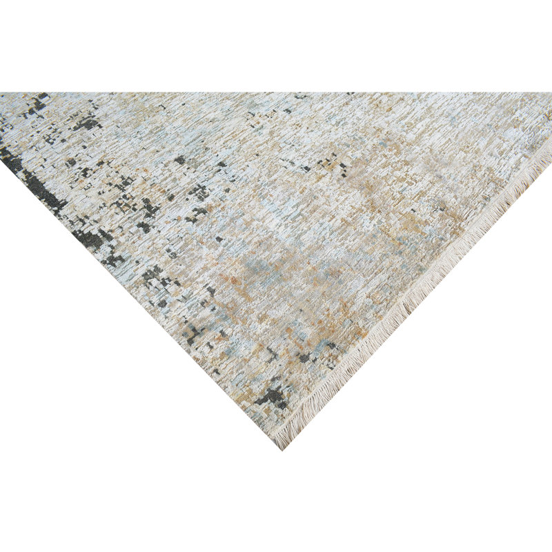 High-Quality Hand-Knotted Light Blue And Black Area Rug, Rectangle 10' x 14'