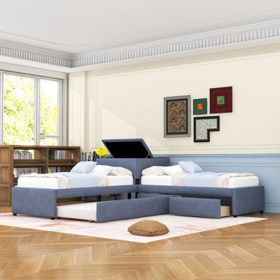 Twin L-Shaped Platform Bed with Built-In Desk, Twin Trundle, and Storage Drawers
