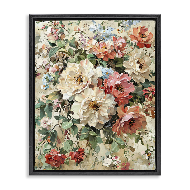 Cadre flottant avec fleurs abstraites vieillies, design par Franklyn Gregory, Cadre flottant noir de jais, H 21 po x l 17 po