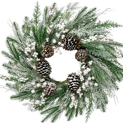 Christmas Wreath 19.7-inch Large White Christmas Wreath with Frosted Pinecones and Berries, for Christmas Outdoor Windows, Fireplace, Wall Home Winter Decoration