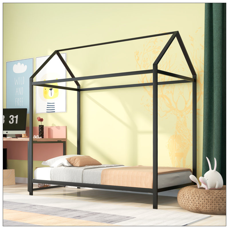 Twin Size Metal House Bed Frame  for Kids Boys Girls No Box Spring Needed, Black