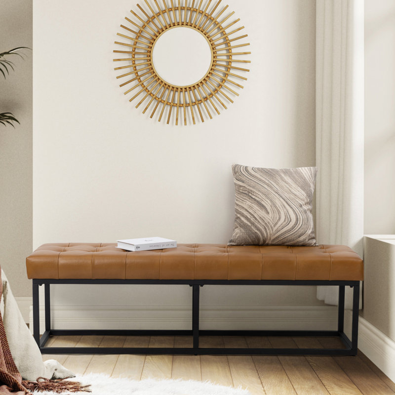 Banc en cuir véritable industriel moderne l 60 po Anahli, Chameau