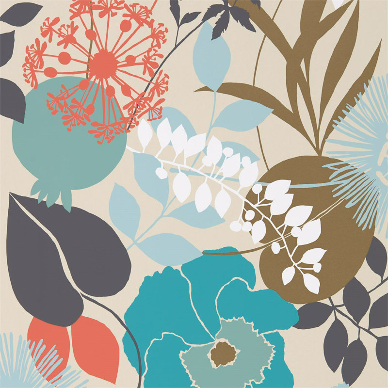 Doyenne Wallpaper, Sky/Olive/Coral