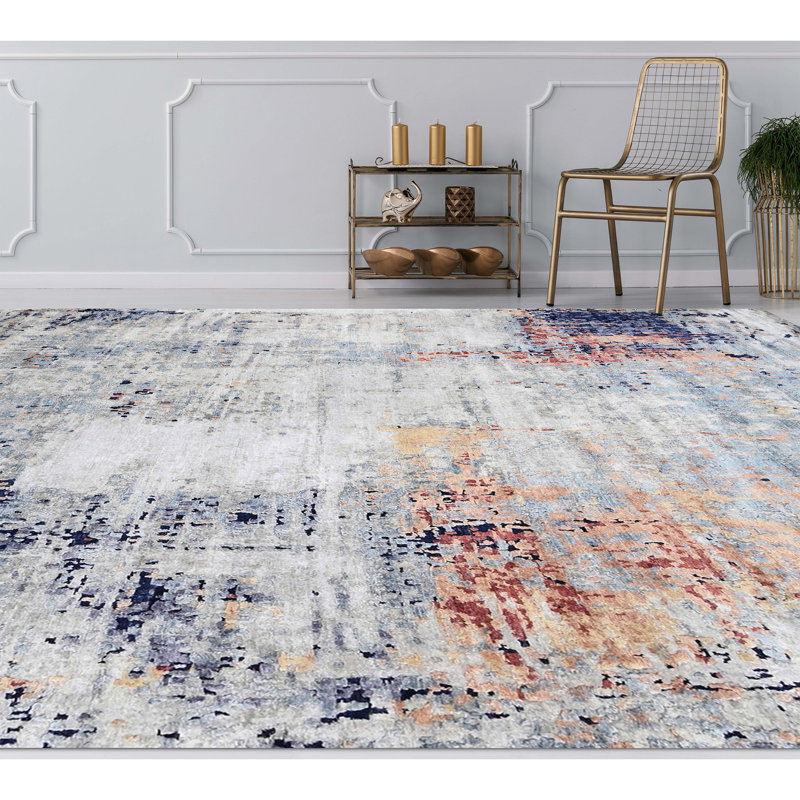 Abstract Area Rug in Blue/Brown/Gray, Rectangle 10' x 14'