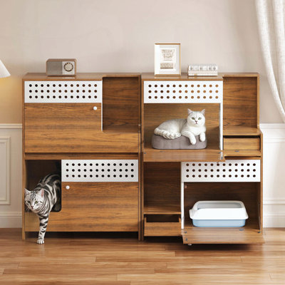 2-Piece 2-in-1 Cat Furniture Set – Litter Box Enclosure Side Table and Cat House with Storage for 2 Cats – Brown