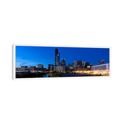 Buildings in a city lit up at dusk, Chicago, Illinois, USA 1 Piece Panoramic Wall Art on Canvas