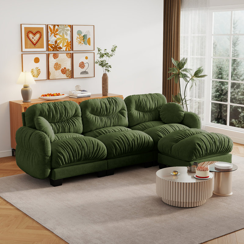 116" Chenille L-Shaped Couch Modular Sectional Sofa with Ottoman, Green