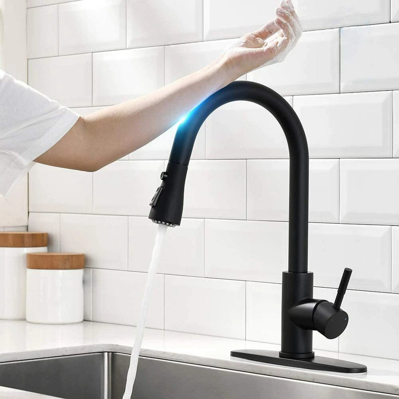 Robinet de cuisine noir avec douchette rétractable à poignée simple et robinet tactile avec surfaces tactiles en acier inoxydable