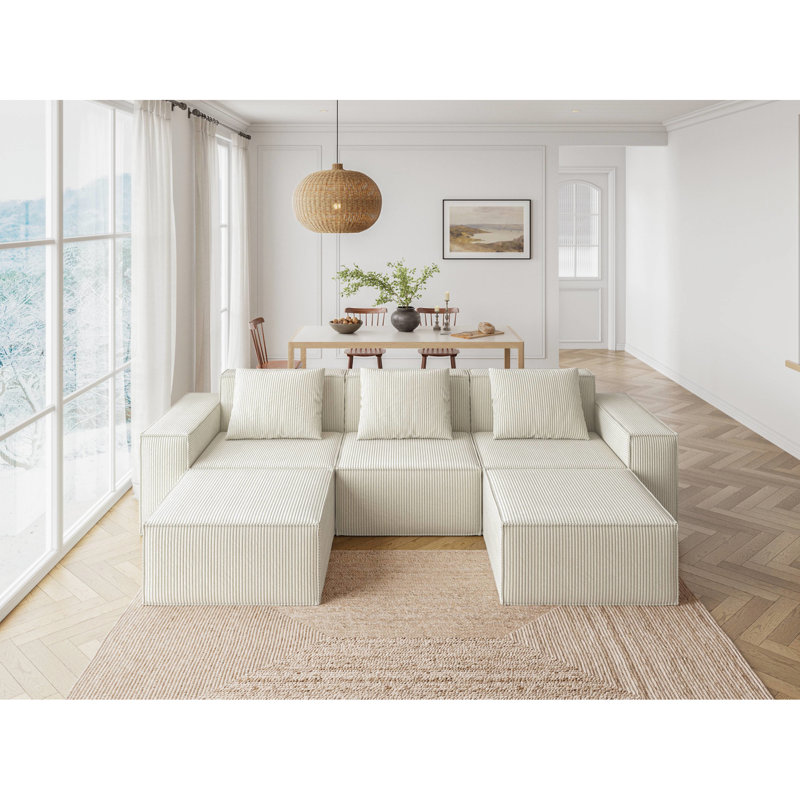 Lit convertible de 118 pouces au très grand lit, tissu en velours de velours côtelé blanc nuage, trois personnes avec repose-pieds, mousse à haute densité, soutien pour tout le corps, peut accueillir 5 personnes, sans assemblage,
