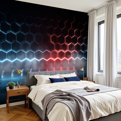 Papier peint adhésif futuriste 3D avec technologie néon hexagonale bleue et murale décorative H 100 po x l 144 po, papier peint amovible en PVC, peintures murales auto-adhésives, décoration pour chambre de garçon, salle de jeux Men Cave