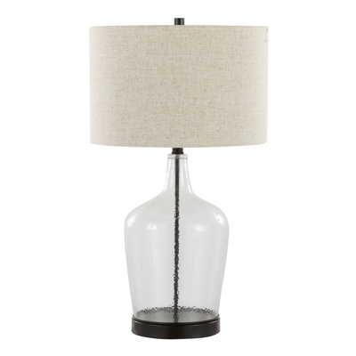 Lampe de table contemporaine en verre 28 ", verre transparent alvéolé avec métal bronze huilé, abat-jour en lin naturel et port USB, ensemble de 2