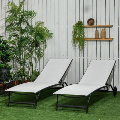 2 Piece Yard Chairs, Cream White - 5 Adjustable Positions, Wheels For Patio, Beach, Pool Beach Recliner Chair With Angles, Chairs