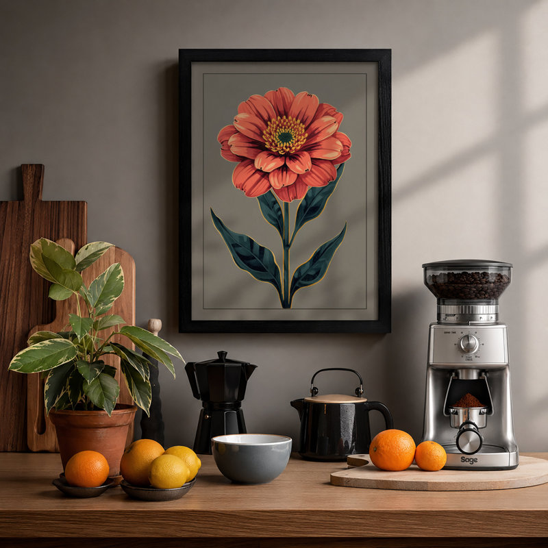 Coral Zinnia Study Botanical - Framed Print, A4 - 29.7 x 21.0 cm, Black
