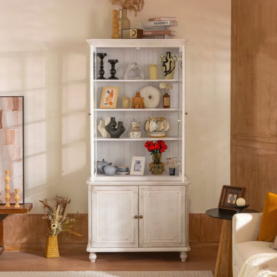 Vitrine 77,5 po H vintage avec rangement, garde-manger de style campagnard avec portes en verre, huche en verre à 3 côtés, vitrine pour couloirs, cuisine de salon et lavage de bureau