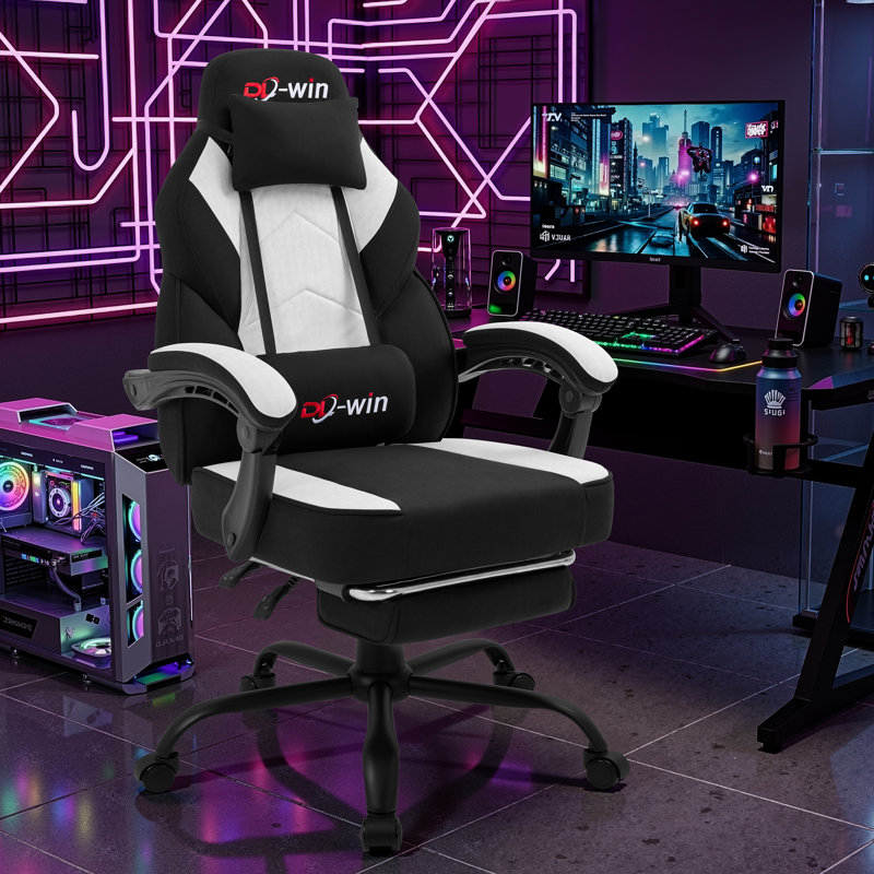 Adjustable Reclining Ergonomic Fabric Gaming Chair with Footrest and Lumber Support, Black
