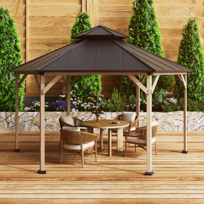 15Ft Hexagon Fir Wood Gazebo With Solar LED Light