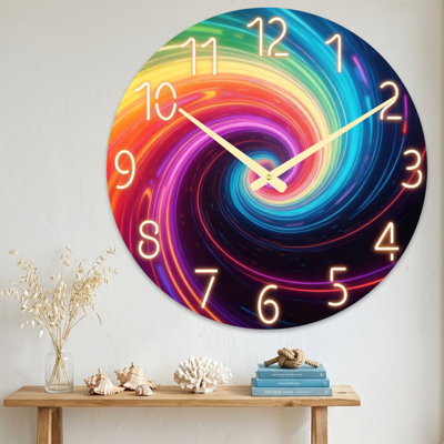 Abstract Colorful Swirl Pattern With Neon Numbers And Gold Hands Ultra Clear Glass Wall Clock