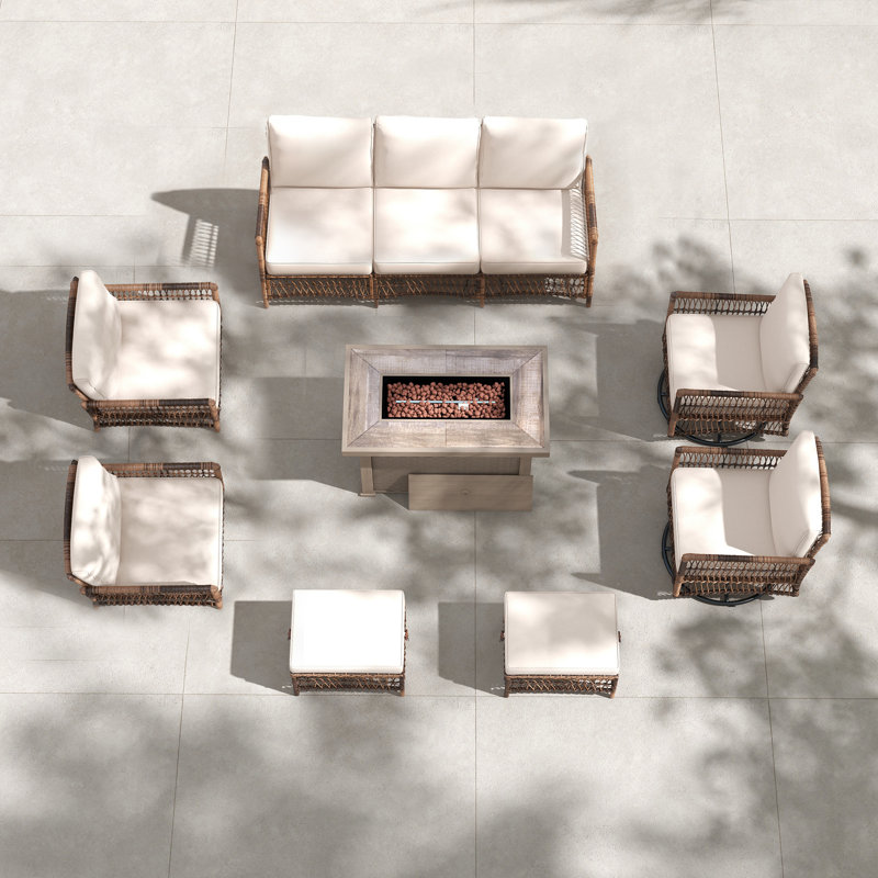 Breelyn 9 - Person  Outdoor Wicker Patio Set with Fire Pit Table & Swivel Chairs