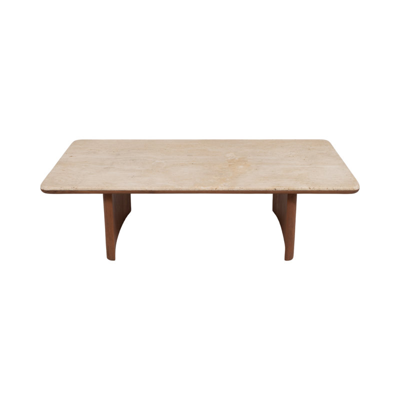 Travertine Coffee Table with Natural Wood Base, Rectangular Living Room Table in Warm Earth Tones, 55"