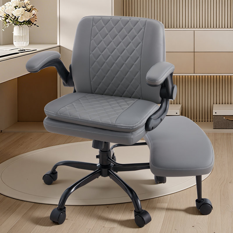 High Back Ergonomic Office Chair - Adjustable Swivel Chair with Lumbar Support, Flip-Up Arms, Retractable Footrest & Brown Diamond PU Leather for Home Office Desk-Gray
