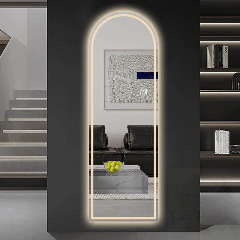 Miroir arqué éclairé pleine longueur avec DEL avant, 3 températures de couleur, intensité variable, fonction de mémoire et contrôle tactile pour les chambres et les placards