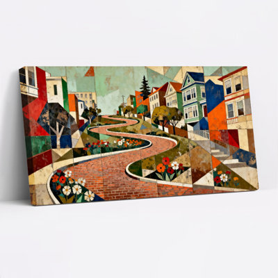 Paysage urbain géométrique coloré avec sentier sinueux et fleurs, reproduction d'art sur toile tendue sur toile, ensemble de 1