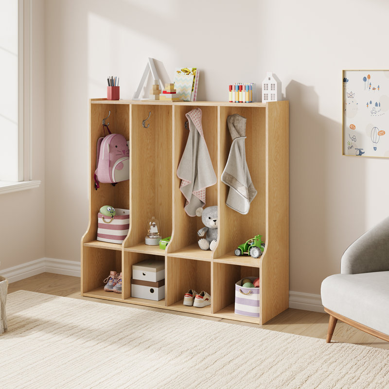 Casier de vestiaire de classe à 4 sections avec 4 casiers, organisateur de rangement pour casiers de garderie avec 8 crochets pour la maison, l'école et la maternelle