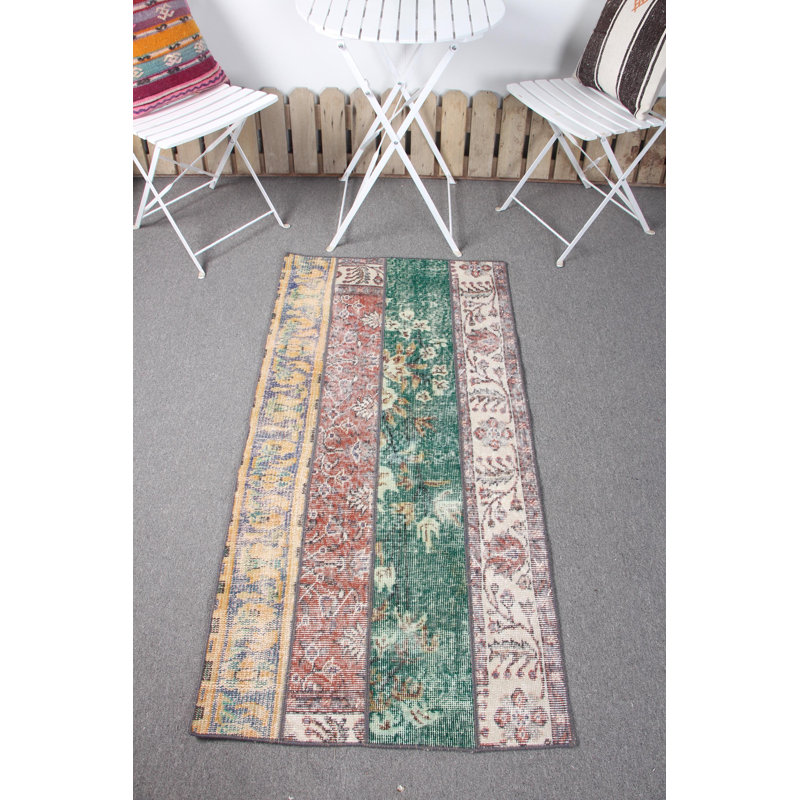 Vintage Turkish Oushak Rug in Green - Small Antique Patchwork Design Ideal for Entryways