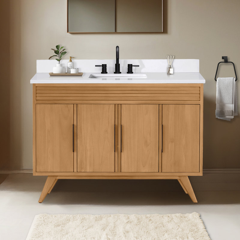 Meuble-lavabo simple en teck naturel 48 po avec dessus en quartz Hoult