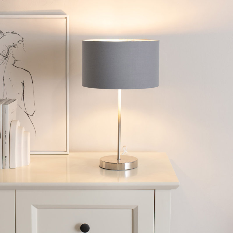 Dadiva Brushed Chrome Stem Table Lamp with Velvet Reni Shade, Silver Base/Grey Shade, Yes, 38cm H x 17.5 cm W x 44.45cm D