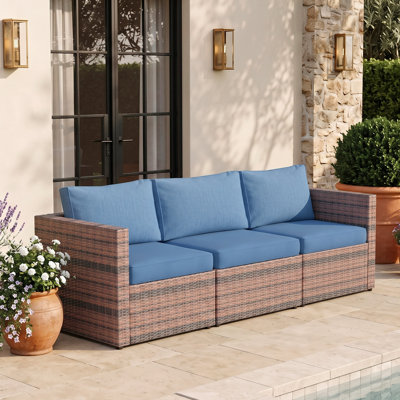 Patio Furniture 3-seat PE Wicker Sofa, Rattan Outdoor Couch with Waterproof Cushions & Adjustable Legs for Porch Backyard Garden, Blue
