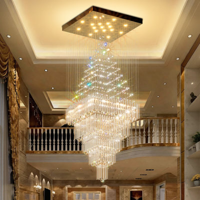 D40''x H100'' Empire Crystal Chandelier for Foyer Entrance 5 Tiers Square Raindrop Chandeliers Dimmable LED 3000k-6000k