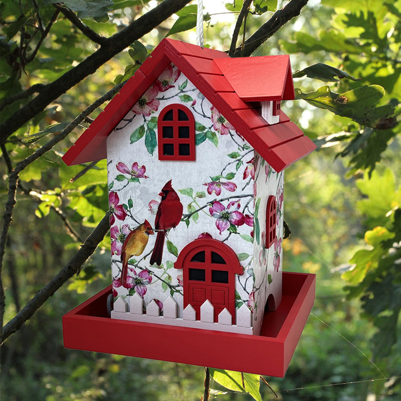 Red and White Painted Pine Hanging Bird Feeder with Cardinal Print