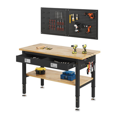 48" 2-Tier Heavy Duty Adjustable Workbench with Drawer, Pegboard, Power Outlets and Storage Shelf