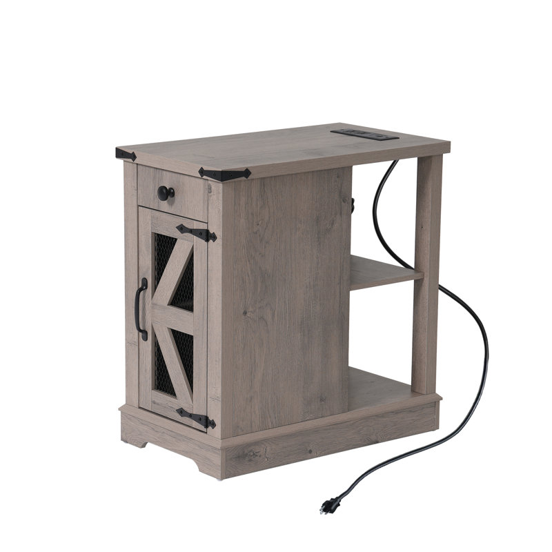 Multifunctional End Table With Charging Station, Gray Top/Gray Base