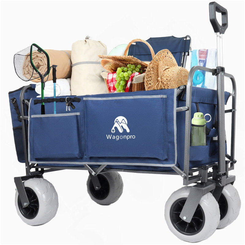 Chariot de plage avec de grandes roues pour le sable, capacité de 500 lb - Conception brevetée, chariot tout terrain à structure en acier avec pneus pneumatiques de 9 po, conception pliable pliable, sangle avec sac multiusage, bleu foncé