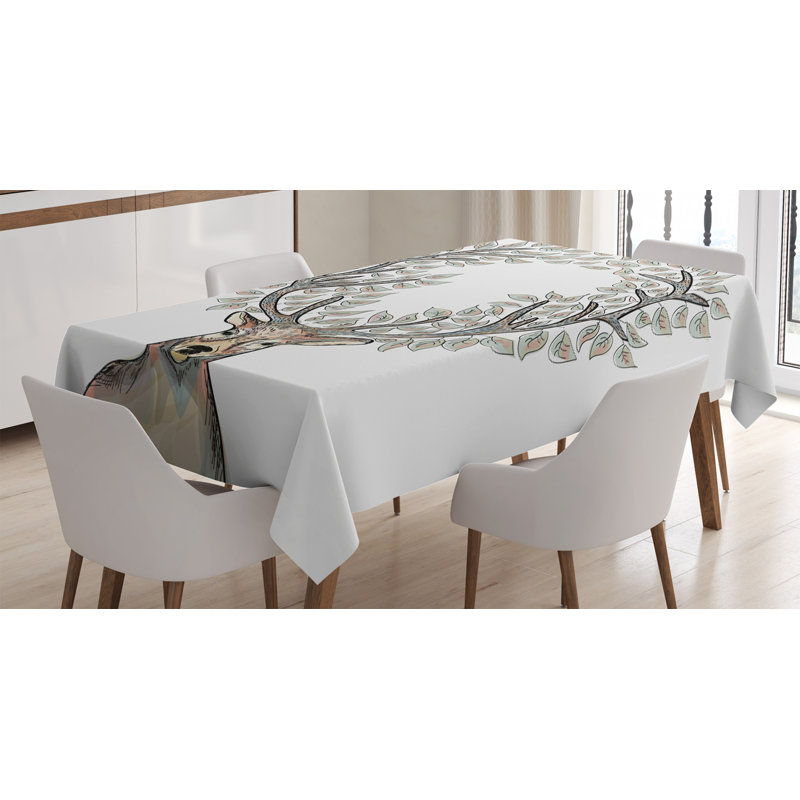 Deer Tablecloth, Hipster Reindeer With Floral Horns Mythical Creature Pastel Color Illustration, Rectangular Table Cover For Dining Room Kitchen Decor, 52" X 70", Soft Pink Blue