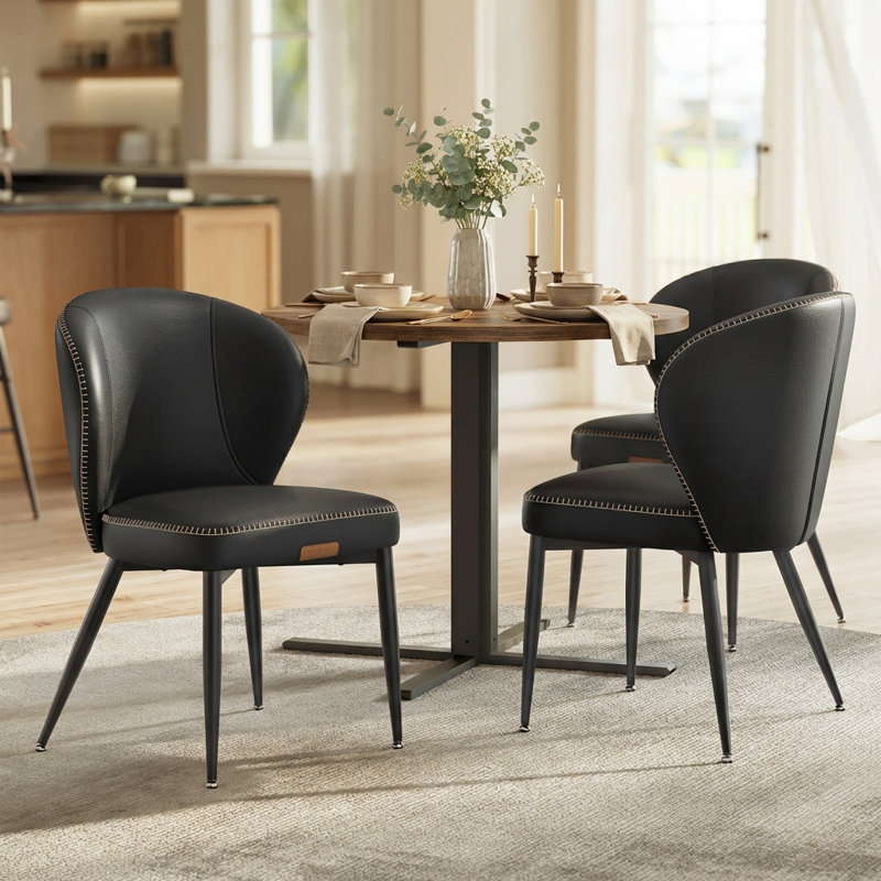Synthetic Leather Upholstered Dining Chairs with Stitching, Ink Black