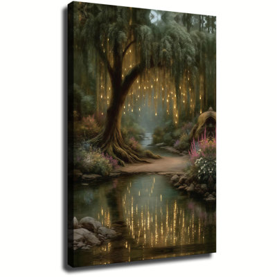 Enchanted Fairy Forest Canvas Wall Art, Mystical Woodland Stream Wall Decor, Vintage Willowtree Fantasy Firefly Framed Poster Re