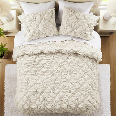 Édredon 3 pièces double / grand, édredon floral, broderie décontractée, ruché élastique, microfibre brossée douce, idée avec 3 pièces, conception douillette, confort toutes saisons, étreinte de tissu