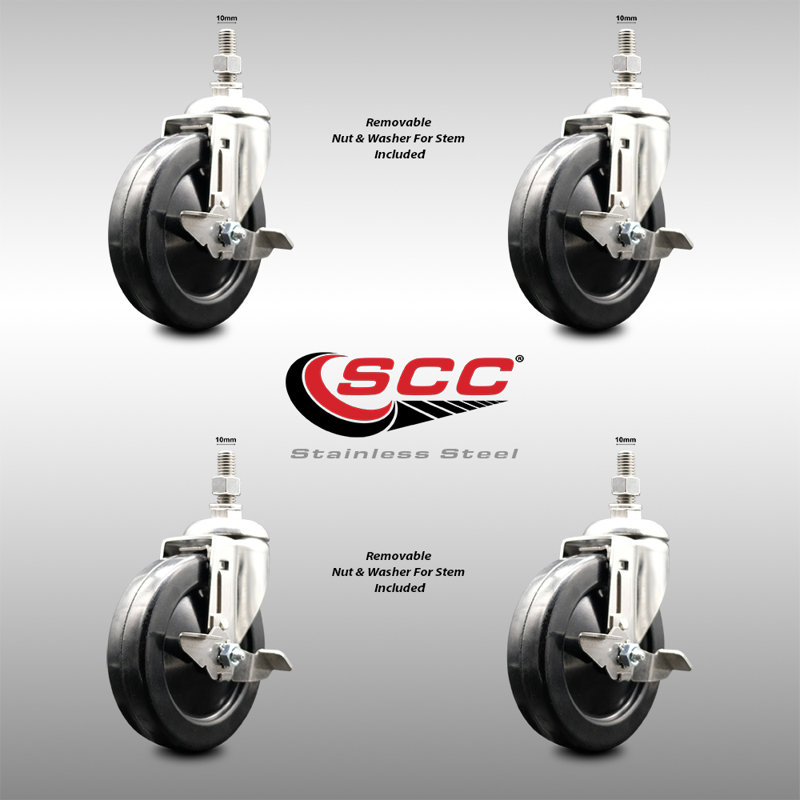 316SS Soft Rubber Wheel Swivel Threaded Stem Caster Set Brake