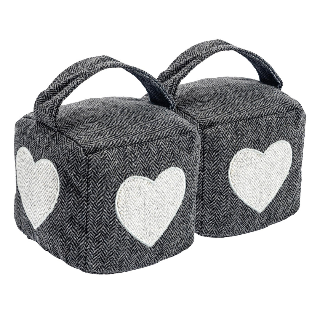 Nicola Spring - Herringbone Fabric Door Stops with Handle - Heart - Set of 2