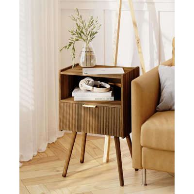 Modern Nightstand With Storage Drawer And Open Shelf In Walnut Brown