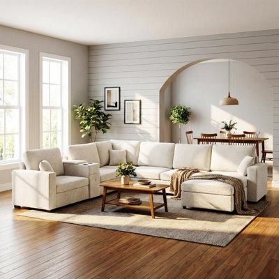 Canapé modulaire à 5 places, canapé modulaire en forme de U de 134 po, grand canapé familial avec méridienne, siège profond confortable, porte-gobelets intégrés, tiroir de rangement et coussins pour le salon