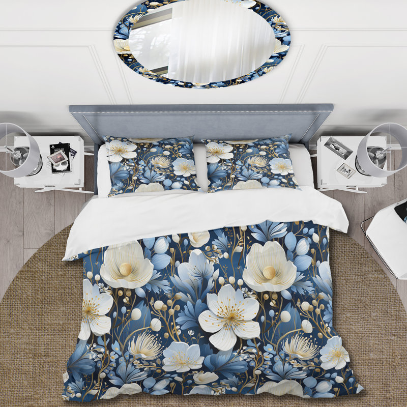 Ensemble de housse de couette à motif floral blanc et bleu Meadow Serenity II