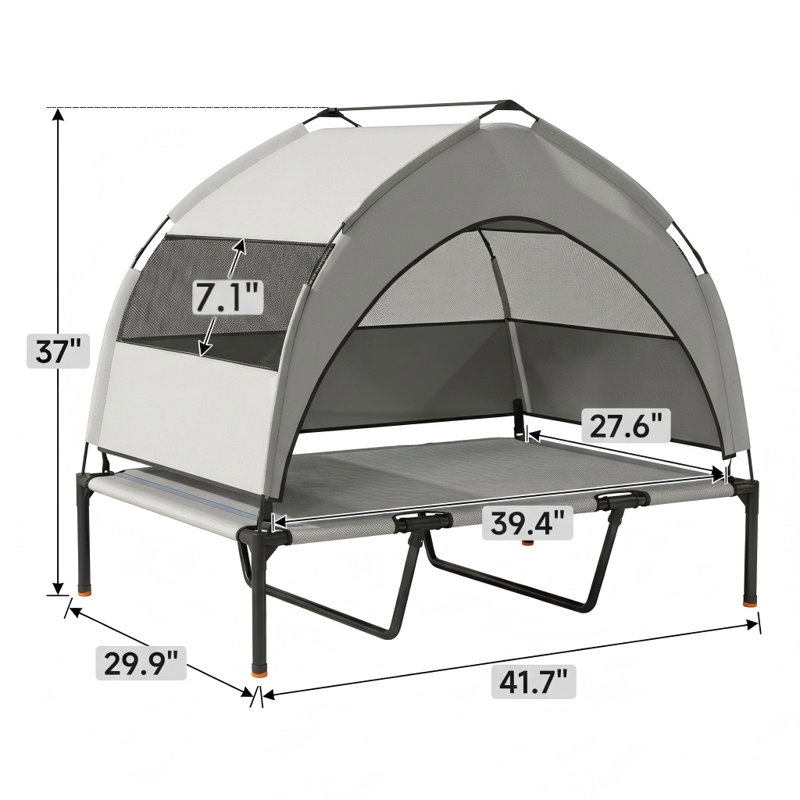 Elevated portable resting cot for pets, designed for outdoor use.