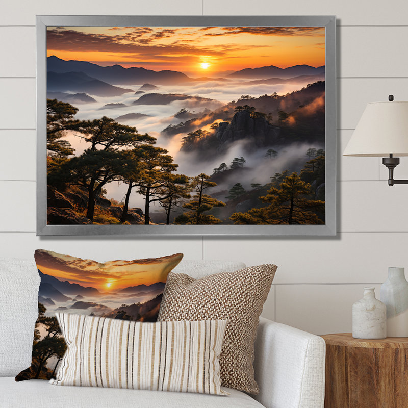 Mountain majestueux Sunsets Embrace II - forêt et rivière, art mural, Cadre de coin argenté fermé