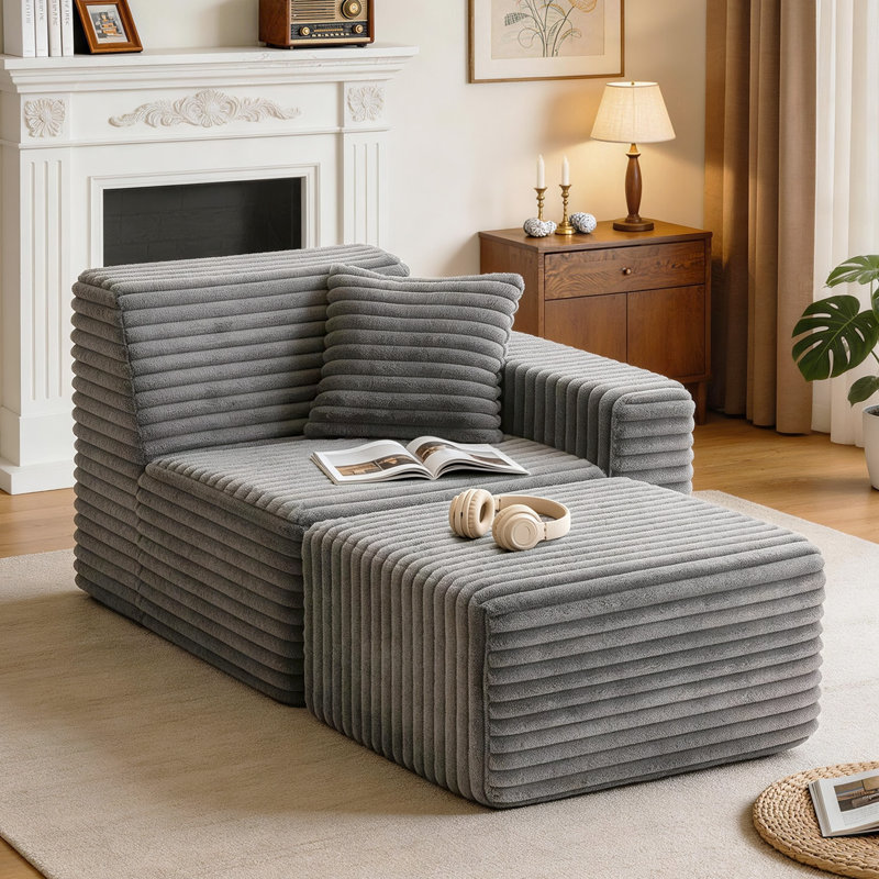 Chaise longue rembourrée 2 pièces en flanelle de fausse fourrure de lapin, aucun assemblage requis, Orienté vers la gauche
