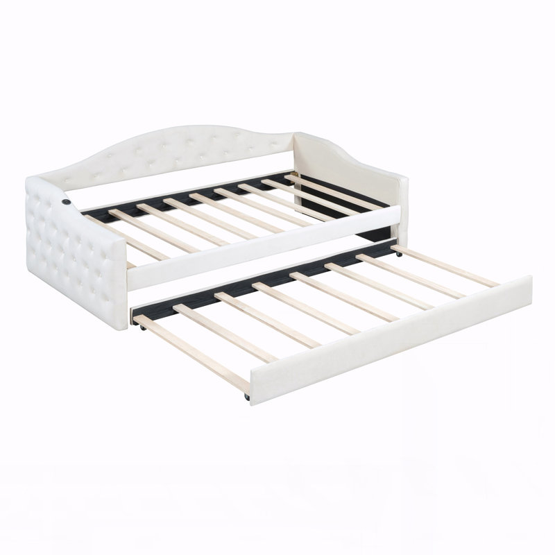 Twin Size Tufted Upholstered Daybed with Trundle, Beige