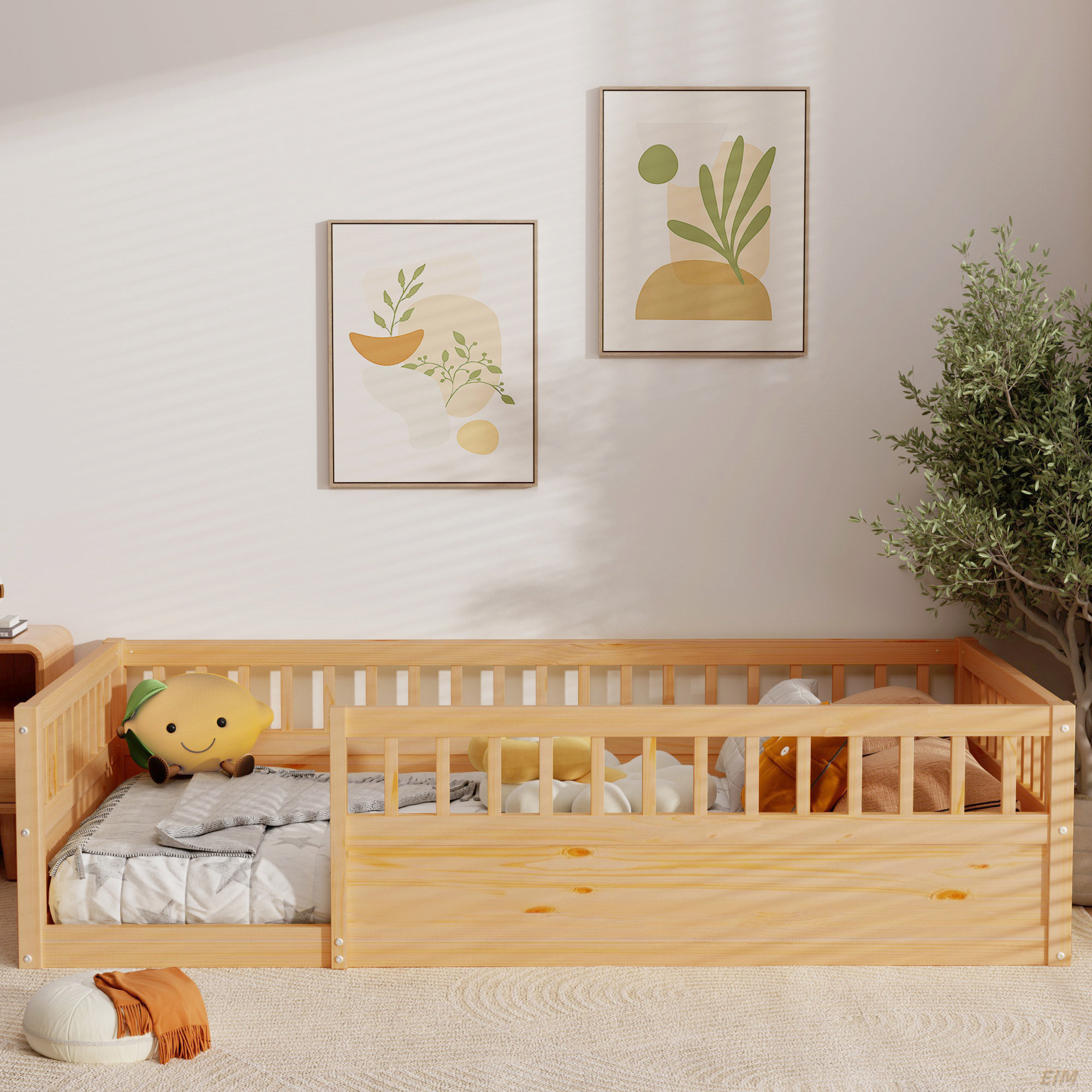 Harriet Bee Twin Floor Bed Frame With Fence, Wood Kids Floor Beds Frame ...